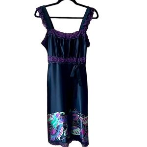 Betsey Johnson Y2k Rare 100% Silk Butterfly Print Black Midi Dress